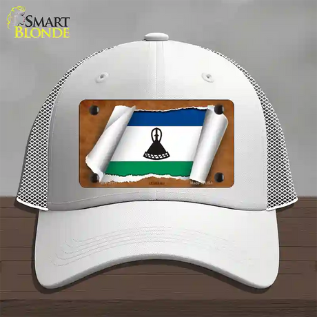 Lesotho Flag Scroll Novelty License Plate Hat Mesh / White