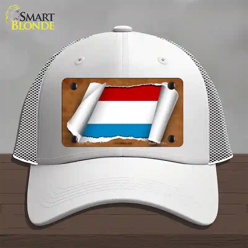 Luxemboury Flag Scroll Novelty License Plate Hat Mesh / White