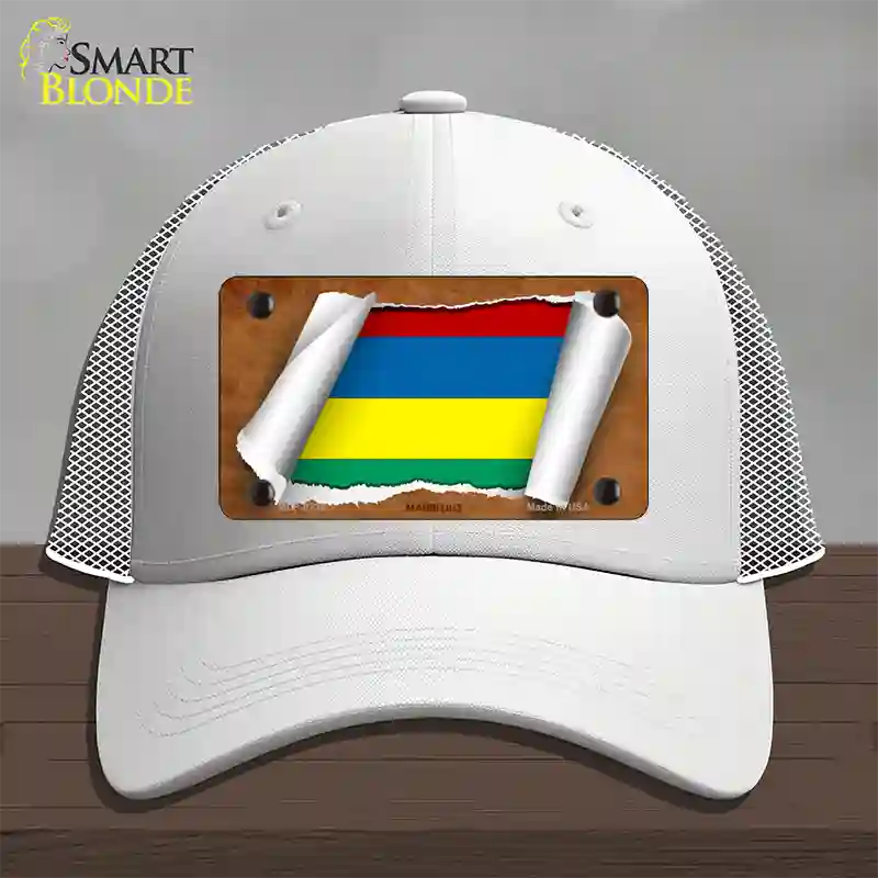 Mauritius Flag Scroll Novelty License Plate Hat Mesh / White