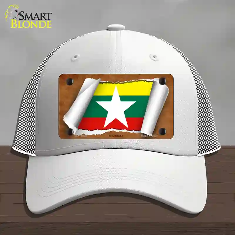 Myanmar Flag Scroll Novelty License Plate Hat Mesh / White