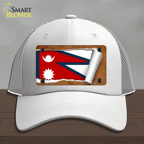 Nepal Flag Scroll Novelty License Plate Hat Mesh / White