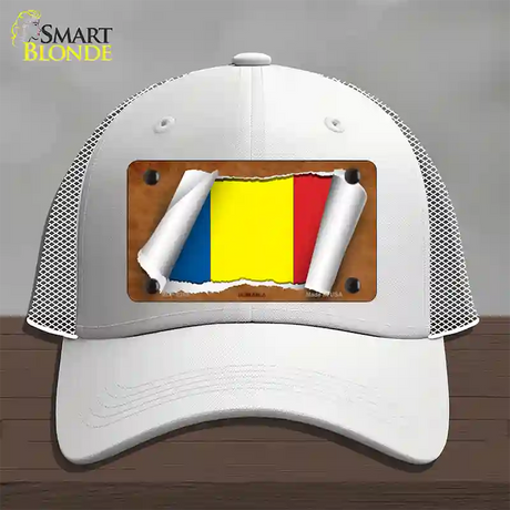 Romania Flag Scroll Novelty License Plate Hat Mesh / White