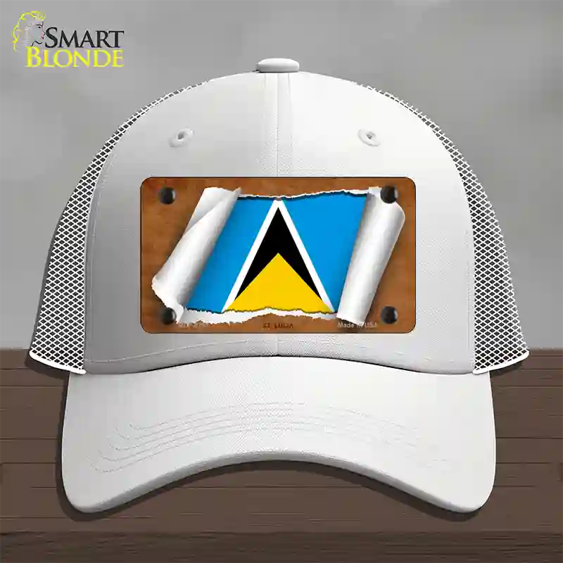 St Lucia Flag Scroll Novelty License Plate Hat Mesh / White