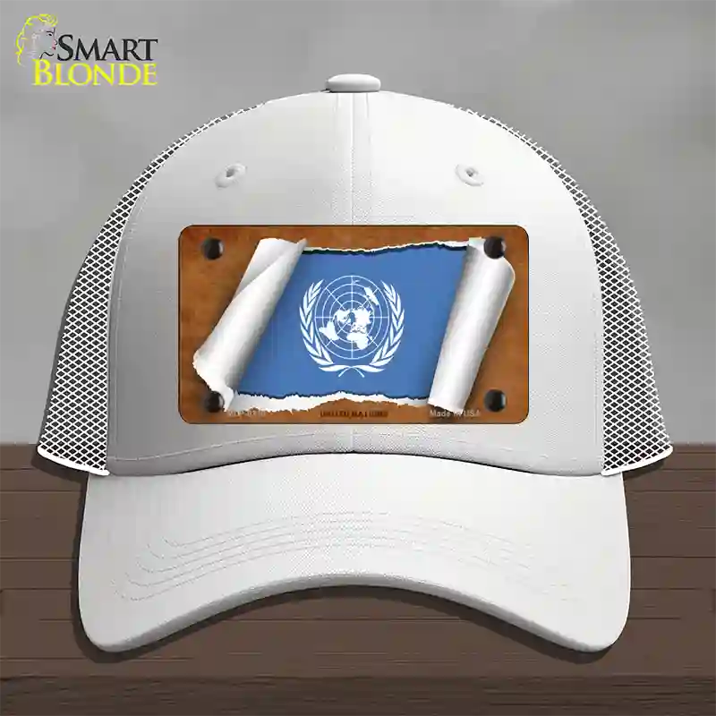 United Nations Flag Scroll Novelty License Plate Hat Mesh / White