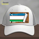 Uzbekistan Flag Scroll Novelty License Plate Hat Mesh / White