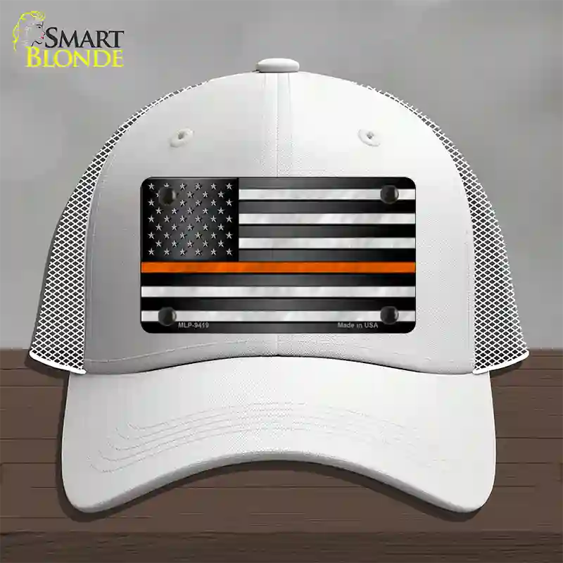 American Flag Thin Orange Line Novelty License Plate Hat Mesh / White