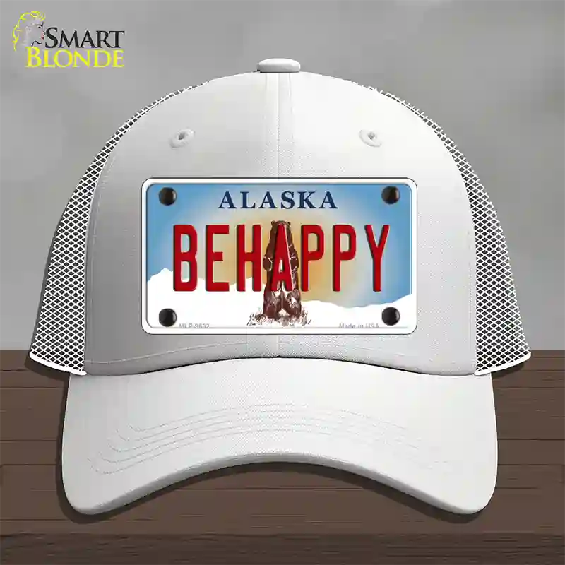 Be Happy Alaska State Novelty License Plate Hat Mesh / White