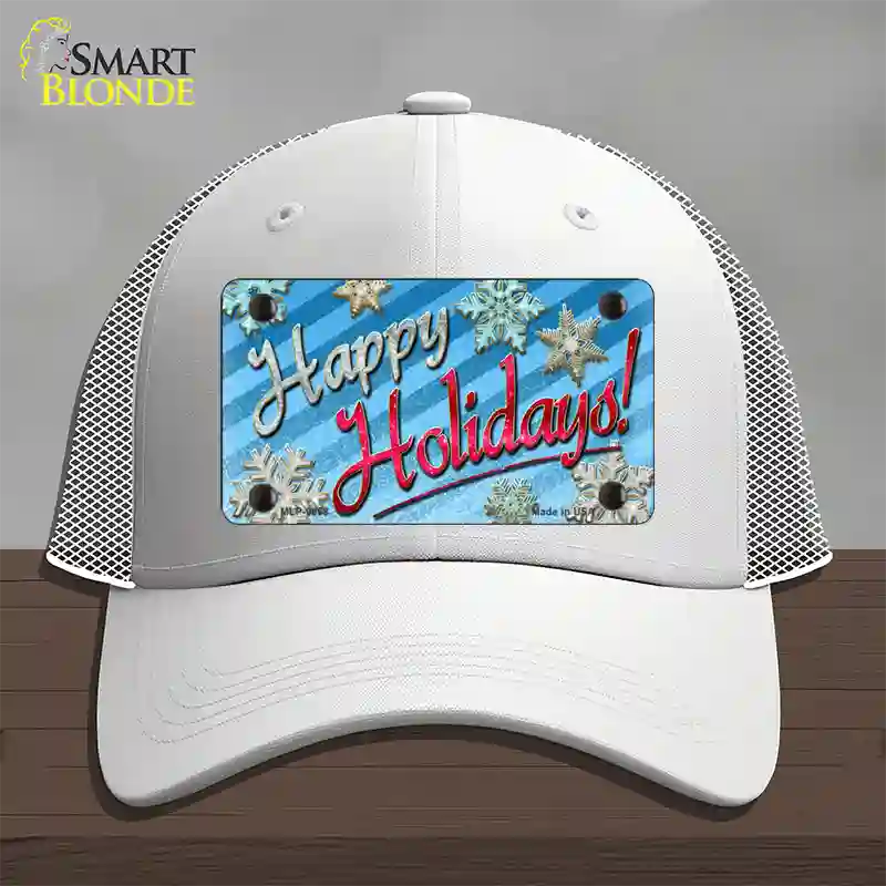 Happy Holidays Blue Novelty License Plate Hat Mesh / White