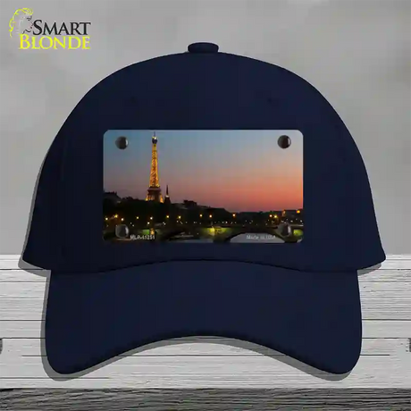 Eiffel Tower Night With River and Bridge Novelty License Plate Hat Cotton / Navy