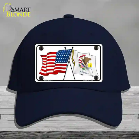 Illinois Crossed US Flag Novelty License Plate Hat Cotton / Navy