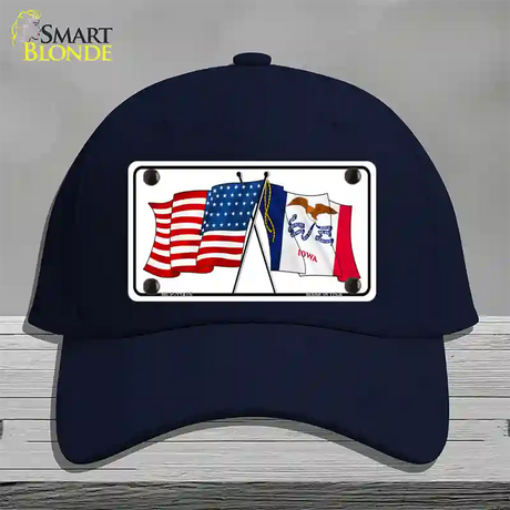 Iowa Crossed US Flag Novelty License Plate Hat Cotton / Navy