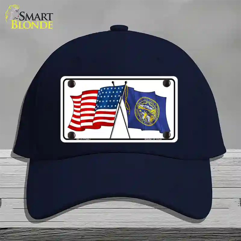 Nebraska Crossed US Flag Novelty License Plate Hat Cotton / Navy