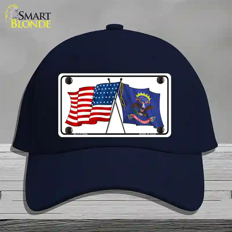 North Dakota Crossed US Flag Novelty License Plate Hat Cotton / Navy