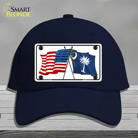 South Carolina Crossed US Flag Novelty License Plate Hat Cotton / Navy