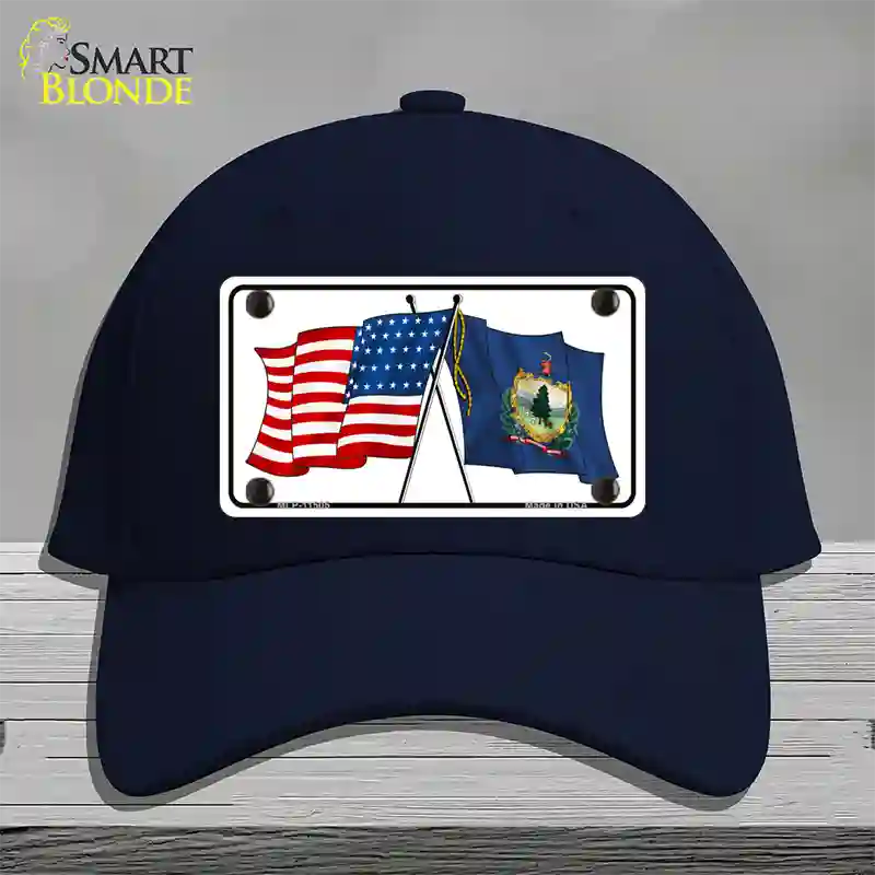 Vermont Crossed US Flag Novelty License Plate Hat Cotton / Navy