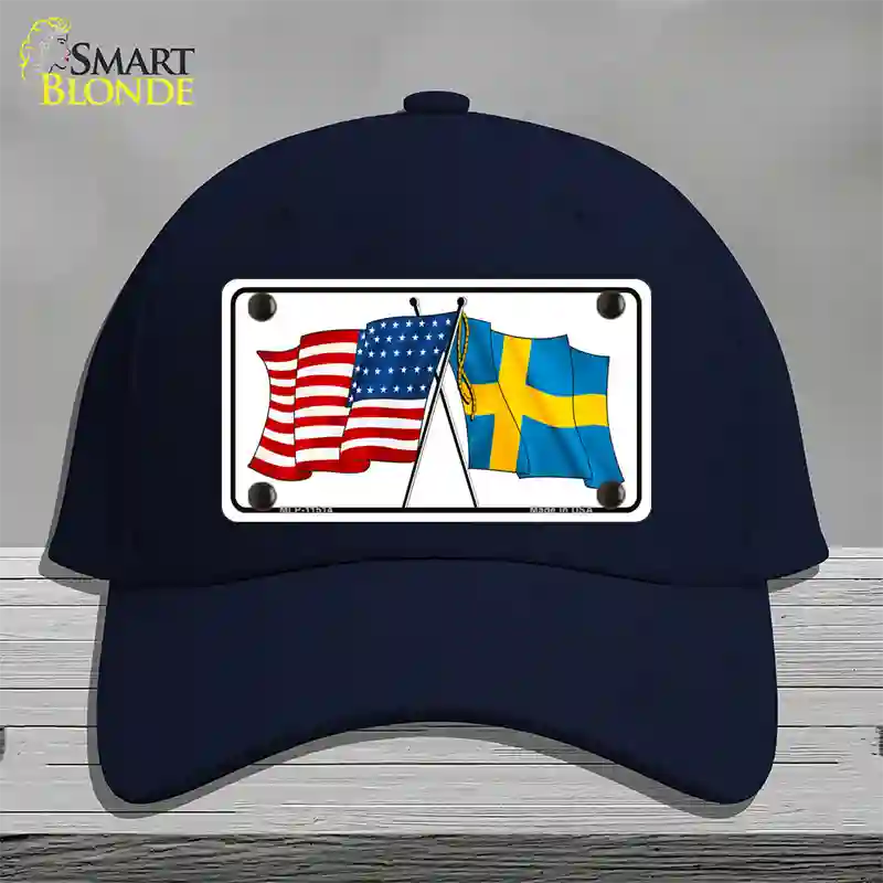 Sweden Crossed US Flag Novelty License Plate Hat Cotton / Navy