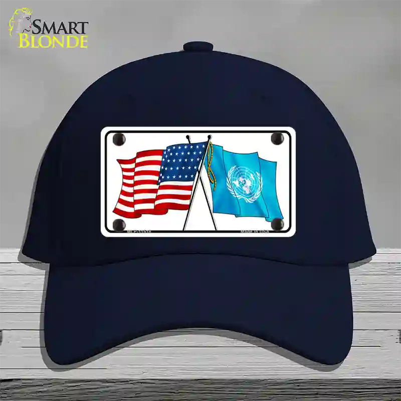 United Nation Crossed US Flag Novelty License Plate Hat Cotton / Navy