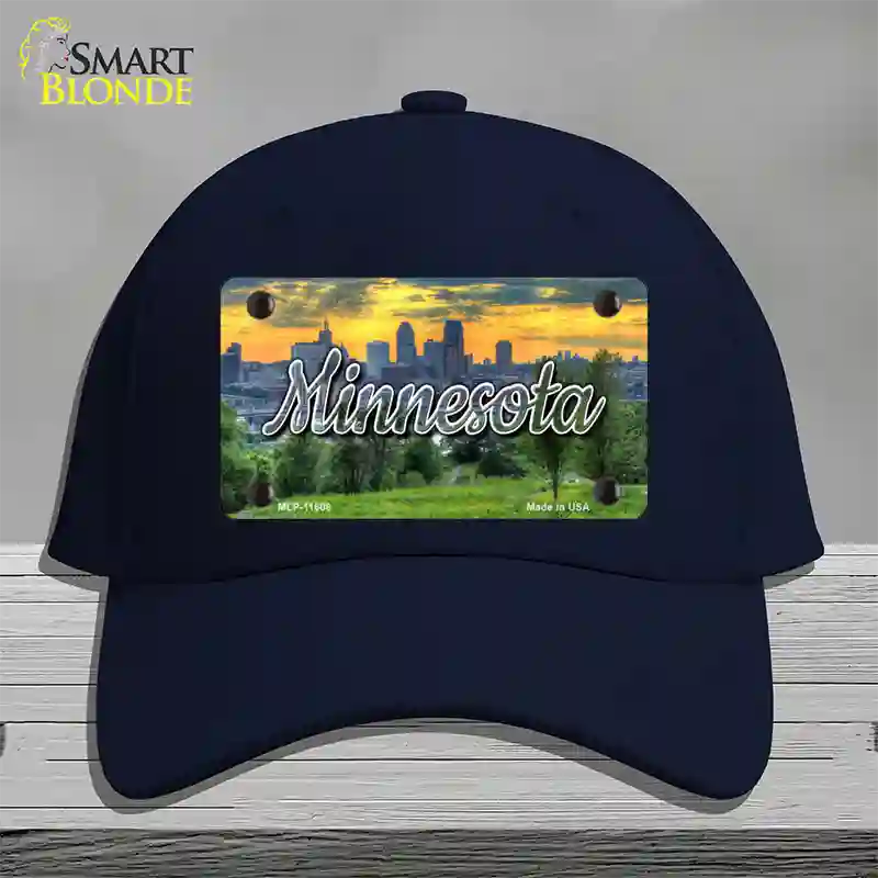 Minnesota City Skyline Sunset State Novelty License Plate Hat Cotton / Navy