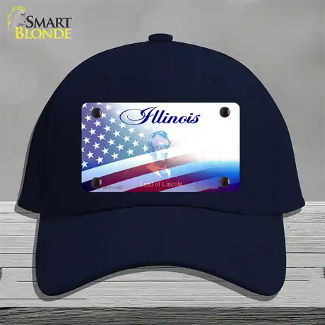 Illinois with American Flag Novelty License Plate Hat Cotton / Navy