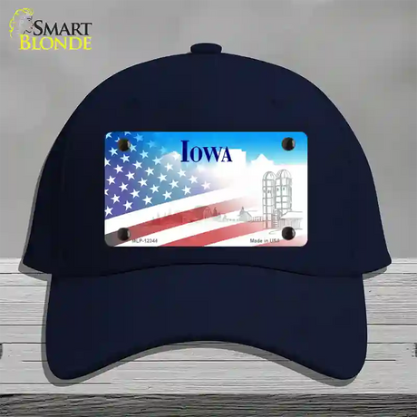 Iowa with American Flag Novelty License Plate Hat Cotton / Navy