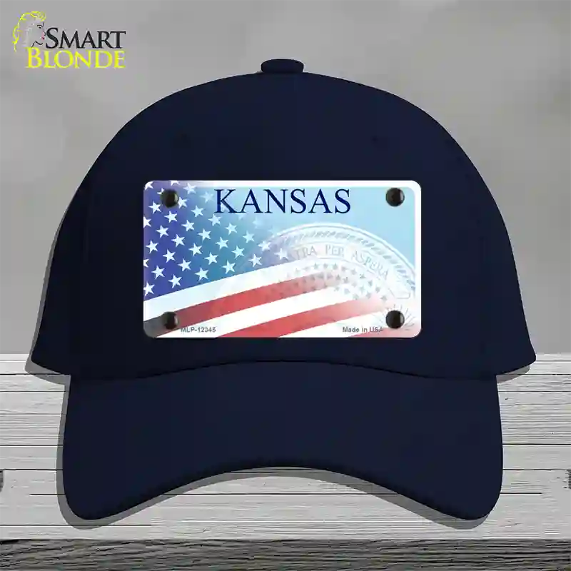 Kansas with American Flag Novelty License Plate Hat Cotton / Navy