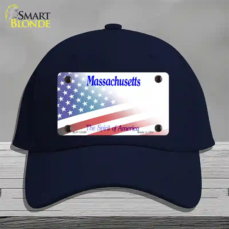 Massachusetts with American Flag Novelty License Plate Hat Cotton / Navy