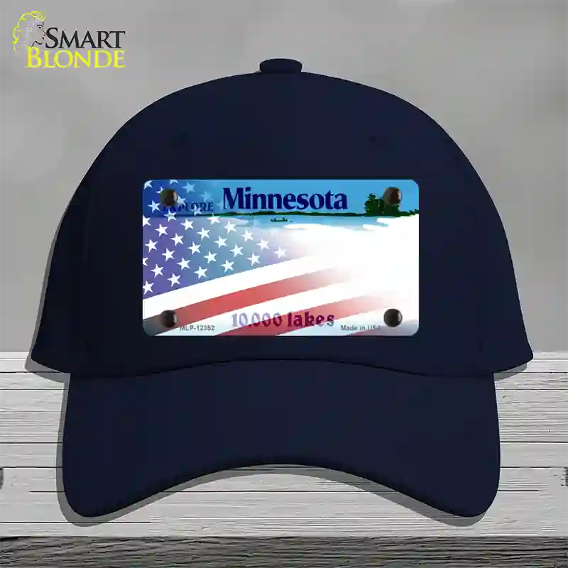 Minnesota with American Flag Novelty License Plate Hat Cotton / Navy