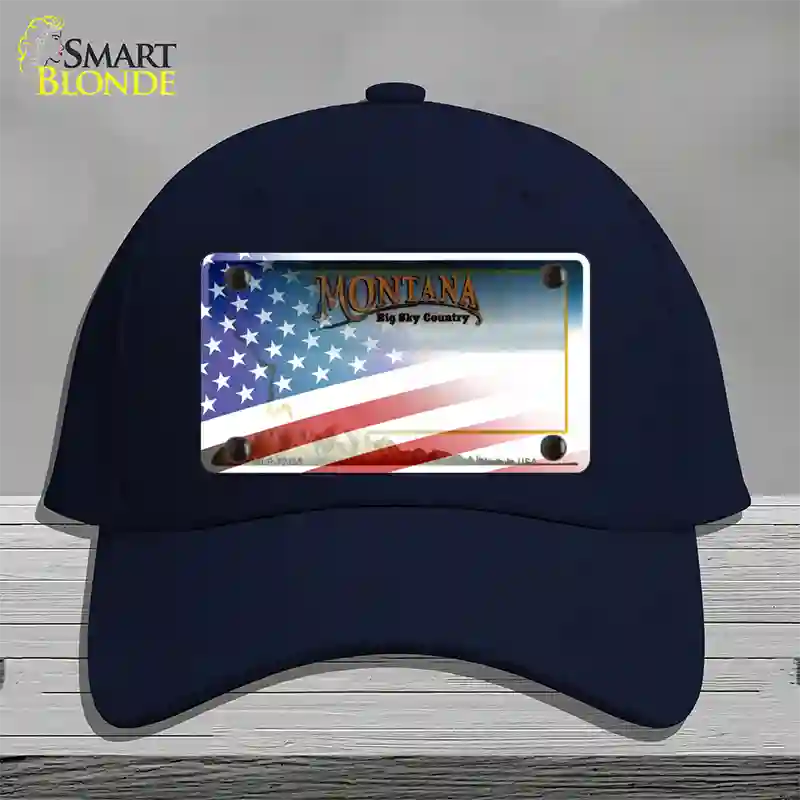 Montana with American Flag Novelty License Plate Hat Cotton / Navy