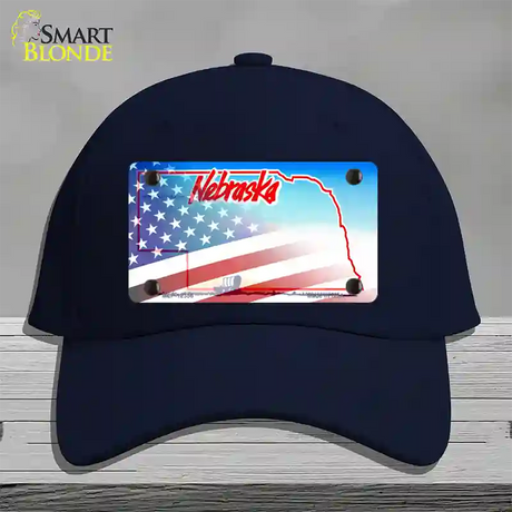 Nebraska with American Flag Novelty License Plate Hat Cotton / Navy