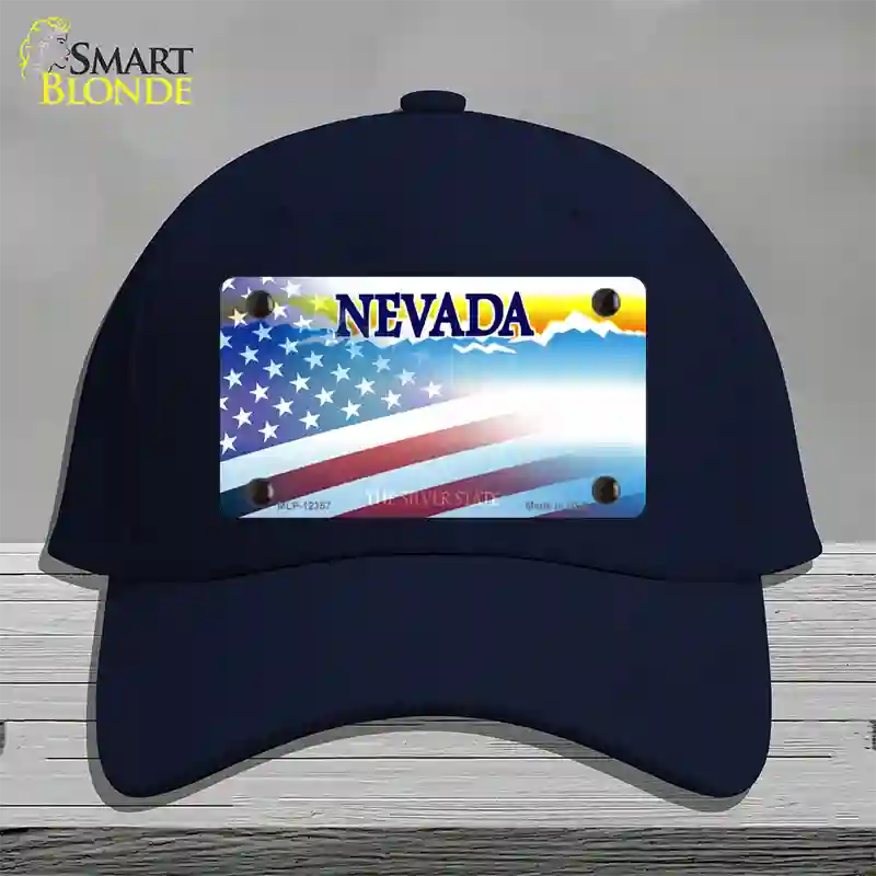 Nevada with American Flag Novelty License Plate Hat Cotton / Navy