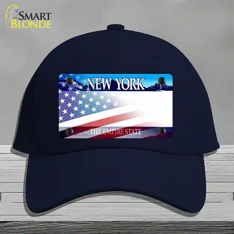 New York with American Flag Novelty License Plate Hat Cotton / Navy