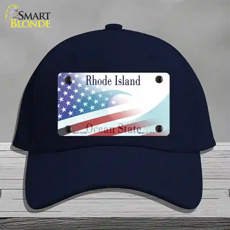 Rhode Island with American Flag Novelty License Plate Hat Cotton / Navy