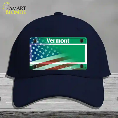 Vermont with American Flag Novelty License Plate Hat Cotton / Navy