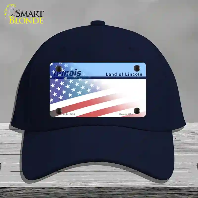 Illinois Lincoln with American Flag Novelty License Plate Hat Cotton / Navy