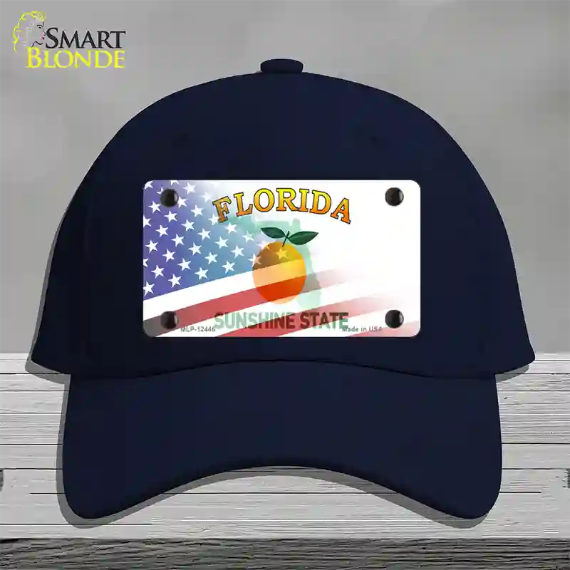 Florida Orange with American Flag Novelty License Plate Hat Cotton / Navy