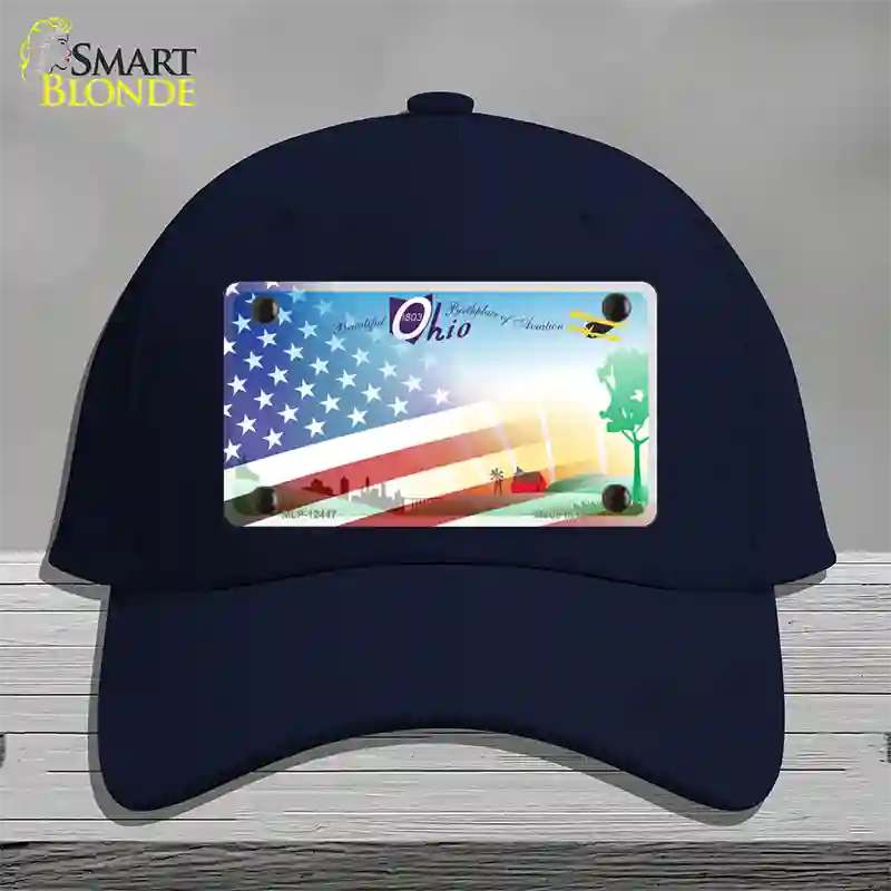 Ohio Birthplace with American Flag Novelty License Plate Hat Cotton / Navy