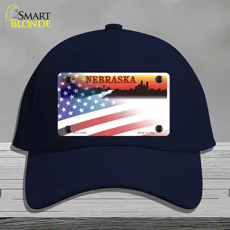 Nebraska Amber with American Flag Novelty License Plate Hat Cotton / Navy