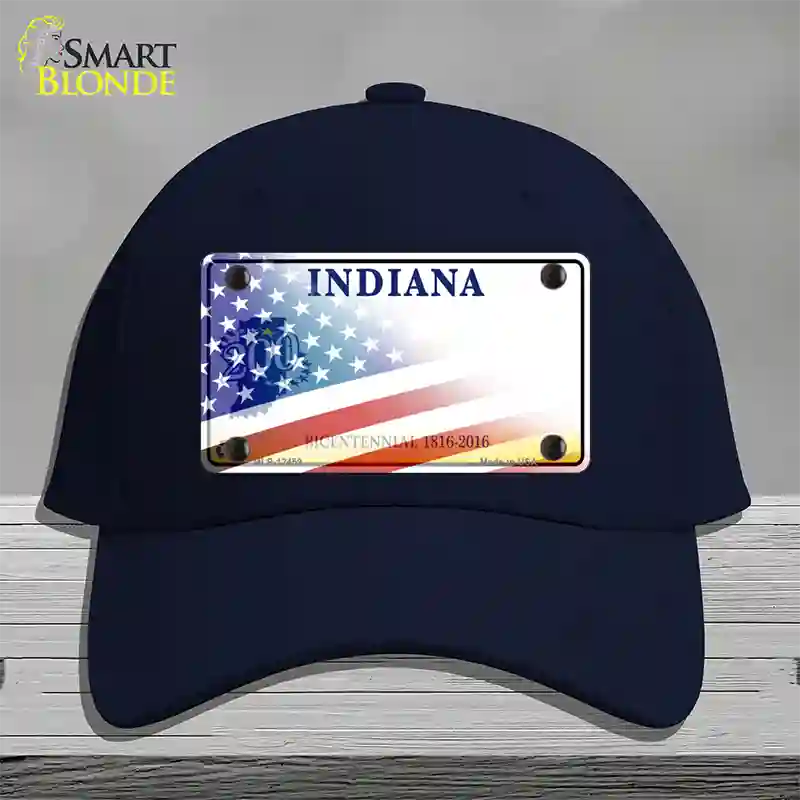 Indiana Bicentennial with American Flag Novelty License Plate Hat Cotton / Navy