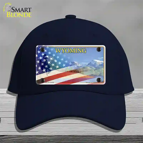 Wyoming State with American Flag Novelty License Plate Hat Cotton / Navy