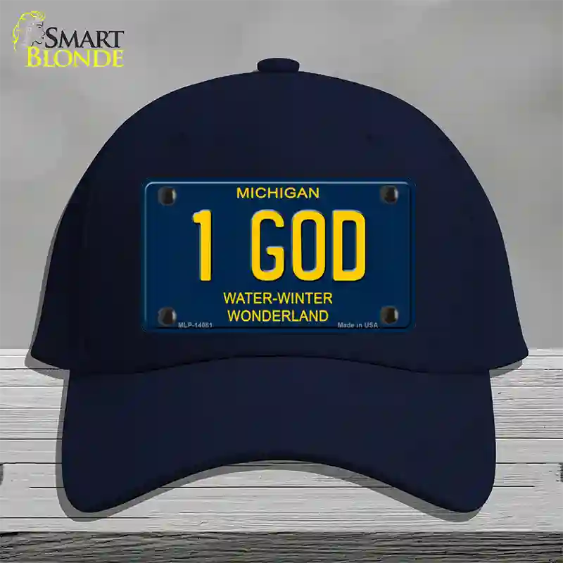 1 God Michigan Blue Novelty License Plate Hat Cotton / Navy