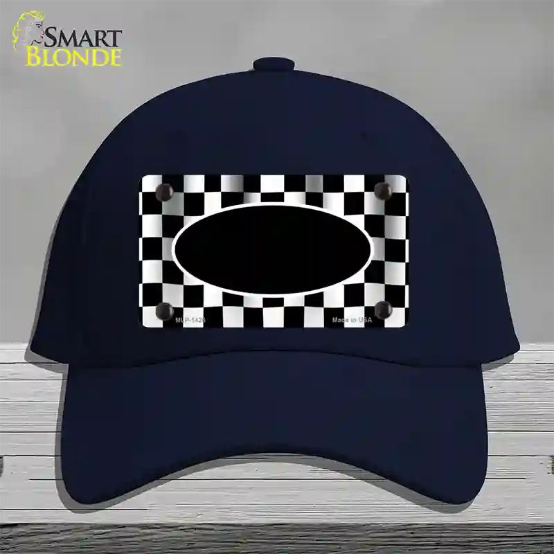 Waving Checkered Flag With Black Center Oval Novelty License Plate Hat Cotton / Navy