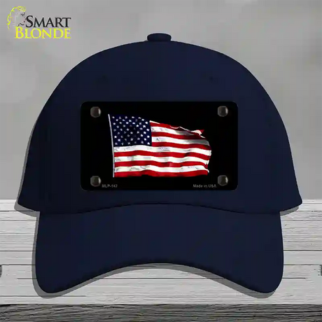 Waving American Flag Black Novelty License Plate Hat Cotton / Navy