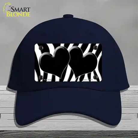 Black White Zebra Black Centered Hearts Novelty License Plate Hat Cotton / Navy