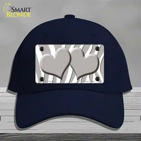 Grey White Zebra Blue Centered Hearts Novelty License Plate Hat Cotton / Navy