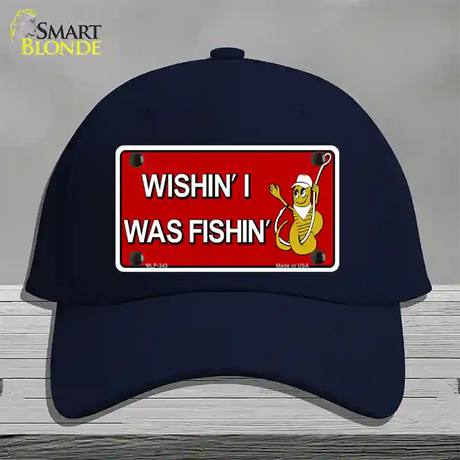 Wishin I Was Fishin Red Novelty License Plate Hat Cotton / Navy