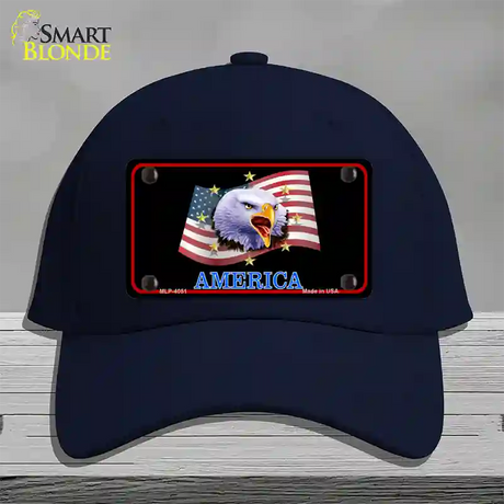 Waving Flag Bald Eagle Black Novelty License Plate Hat Cotton / Navy