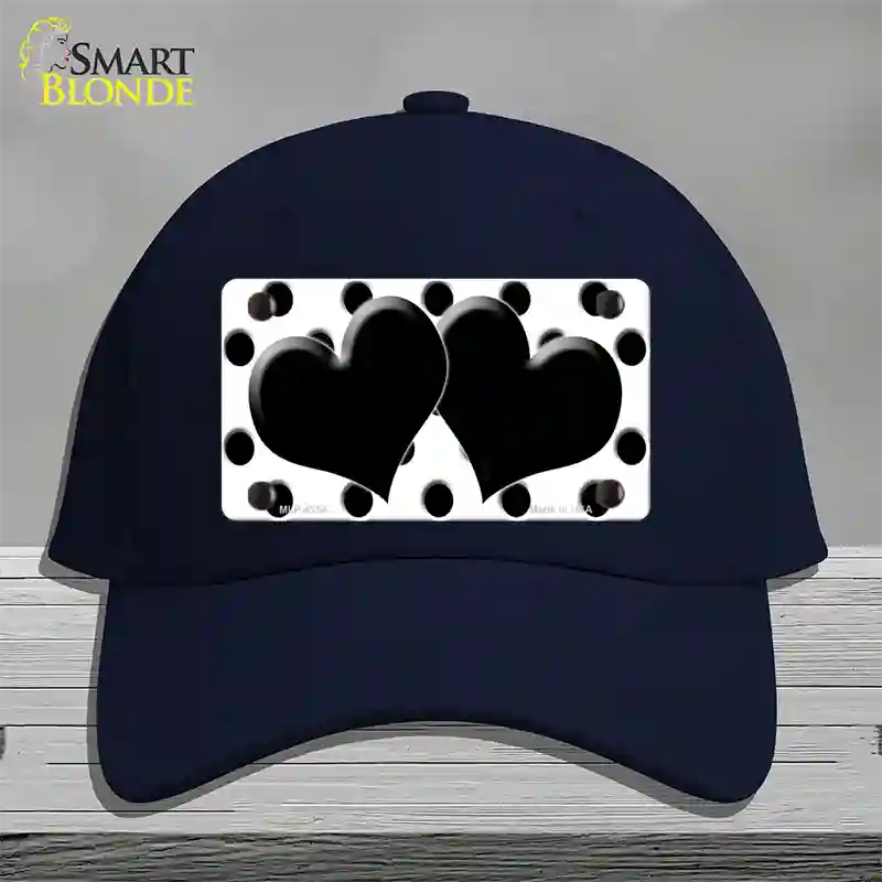 Black White Polka Dot Black Centered Hearts Novelty License Plate Hat Cotton / Navy