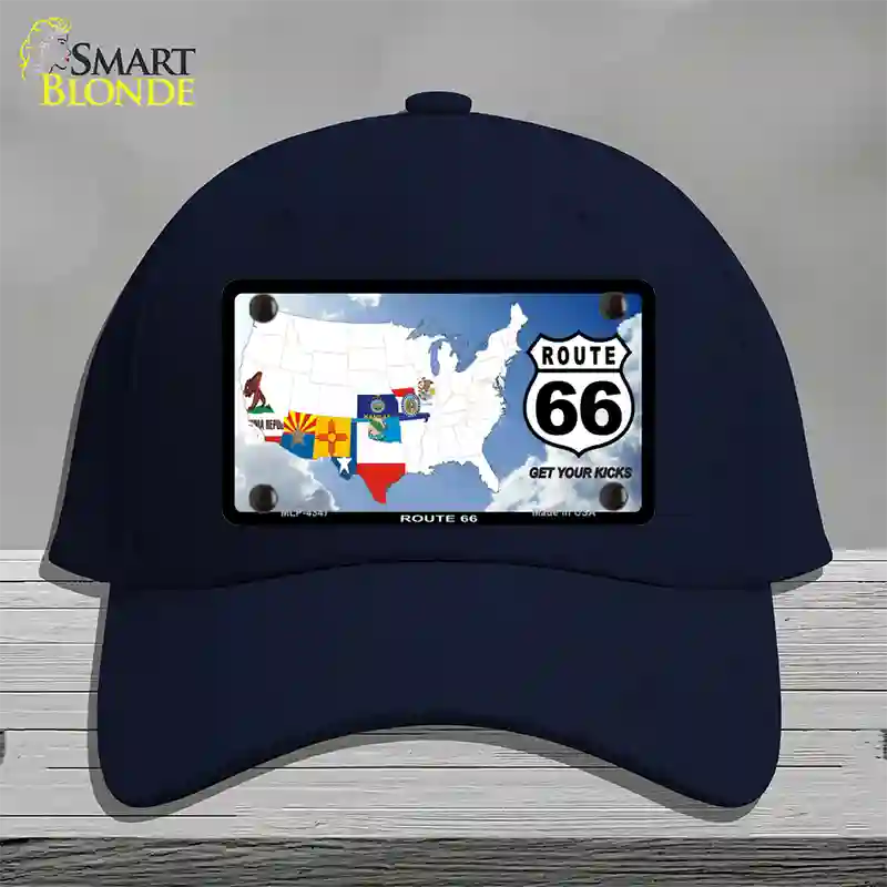 Route 66 8 Flags Clouds Novelty License Plate Hat Cotton / Navy