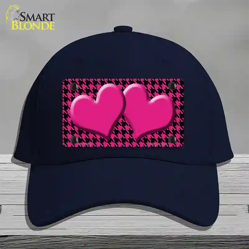 Pink Black Houndstooth Pink Center Hearts Novelty License Plate Hat Cotton / Navy