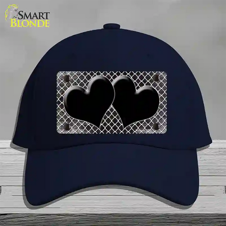 Black White Quatrefoil Hearts Oil Rubbed Novelty License Plate Hat Cotton / Navy